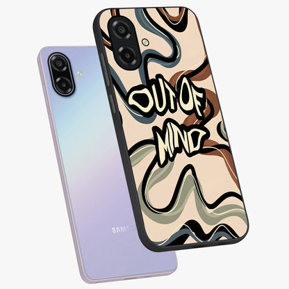 Out Of Mind Glass Case displayed in angled mockup highlighting bold statement design with modern artistic aesthetic.