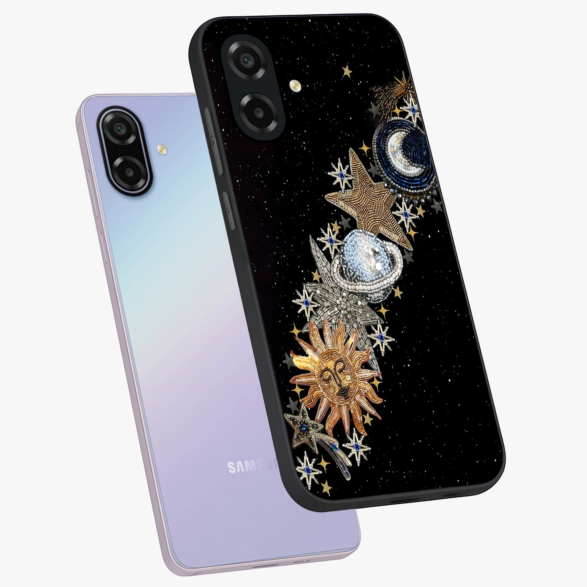 Pearls Universe Object Glass Case displayed in angled mockup highlighting celestial pearl design with dreamy aesthetic.