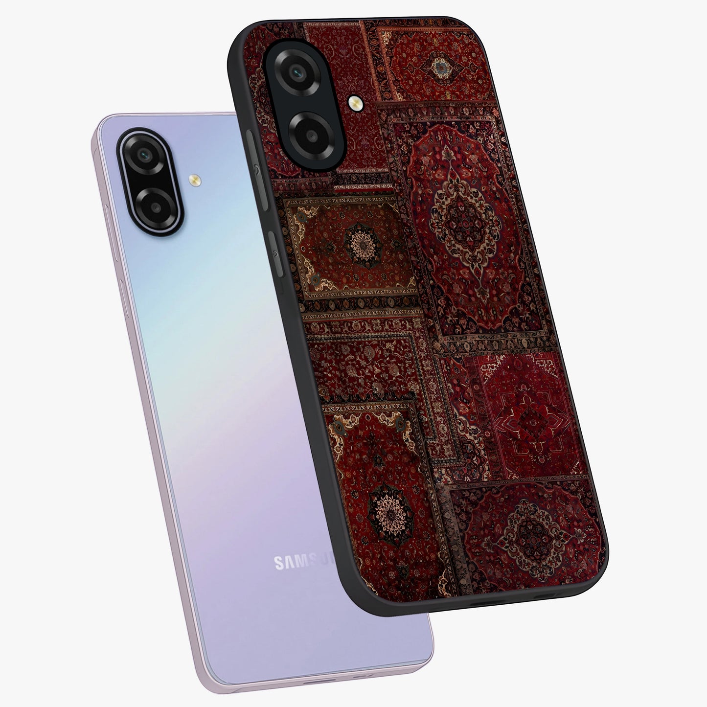 Persian Velvet Tale Glass Case displayed in angled mockup highlighting ornate textile inspired design with royal aesthetic.