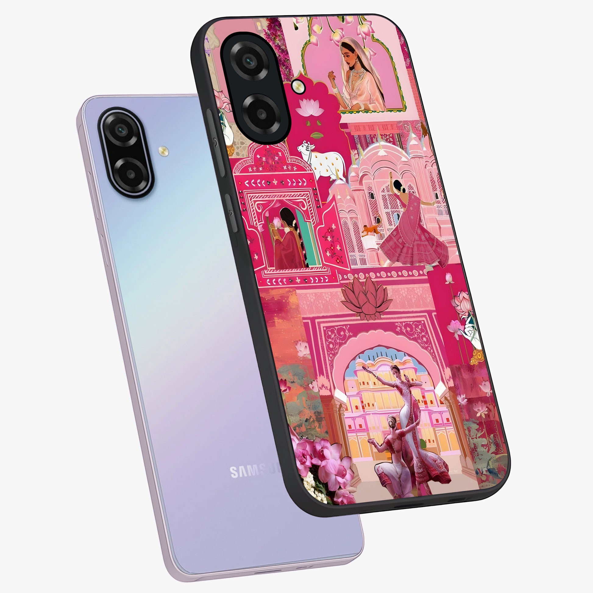 Pink Palace Muse Glass Case displayed in angled mockup highlighting dreamy palace illustration with soft pink aesthetic.