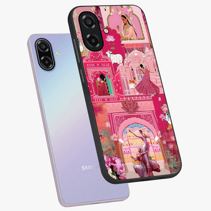 Pink Palace Muse Glass Case displayed in angled mockup highlighting dreamy palace illustration with soft pink aesthetic.