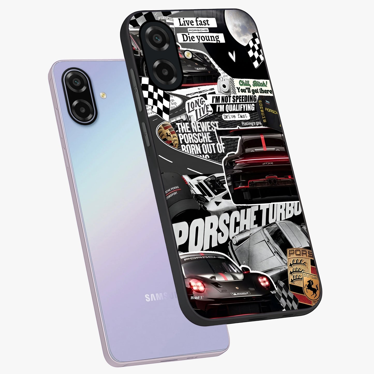 Porsche Racing Collage Glass Case displayed in angled mockup highlighting dynamic automotive design with bold racing aesthetic.