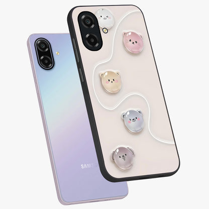 Puffy Face Parade Glass Case displayed in angled mockup highlighting playful cartoon face design with fun aesthetic.