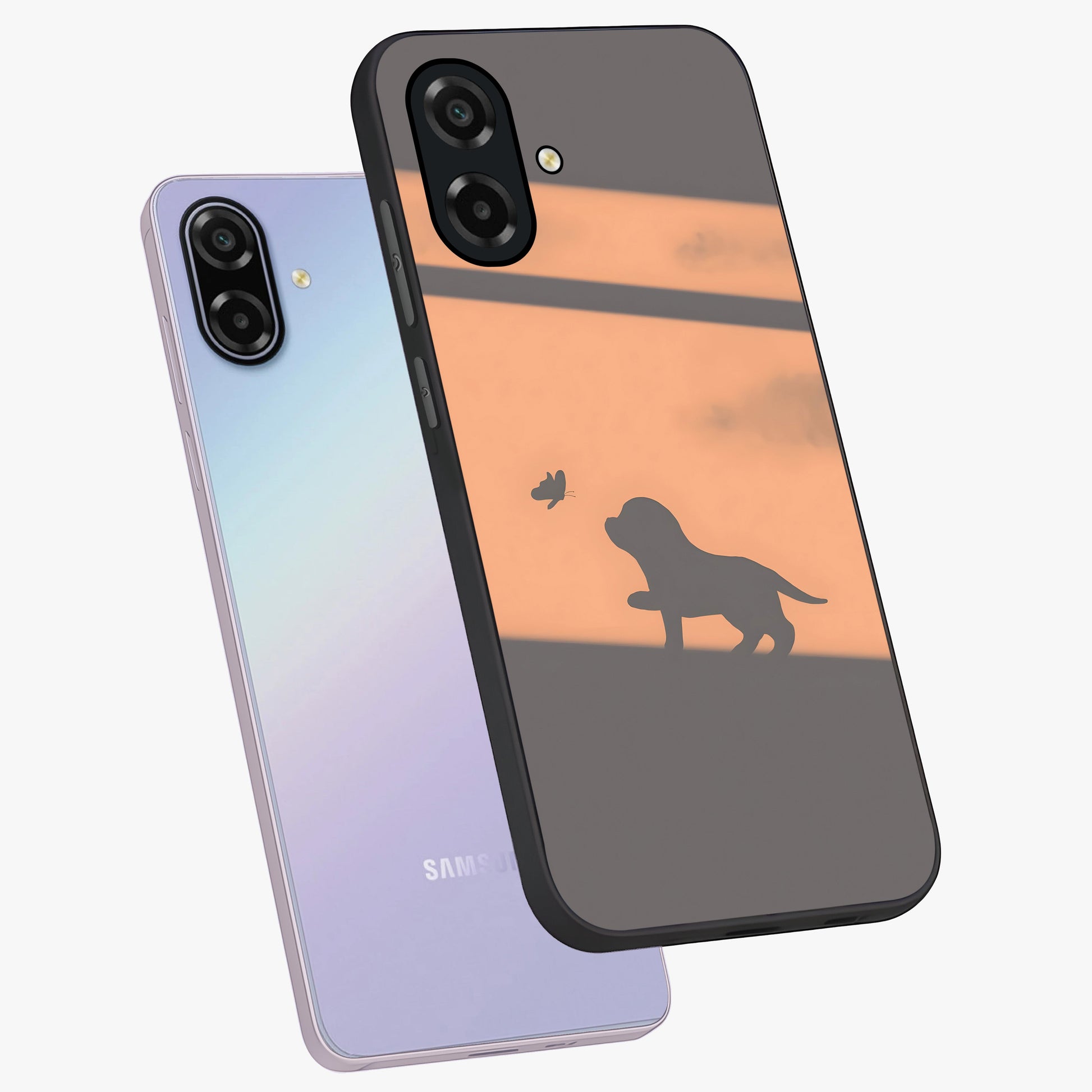 Puppy Shadow Art Glass Case displayed in angled mockup highlighting playful dog illustration with artistic shadow aesthetic.