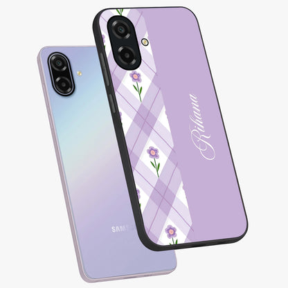 Purple Diamond Floral Glass Case displayed in angled mockup highlighting elegant purple flower design with decorative pattern.