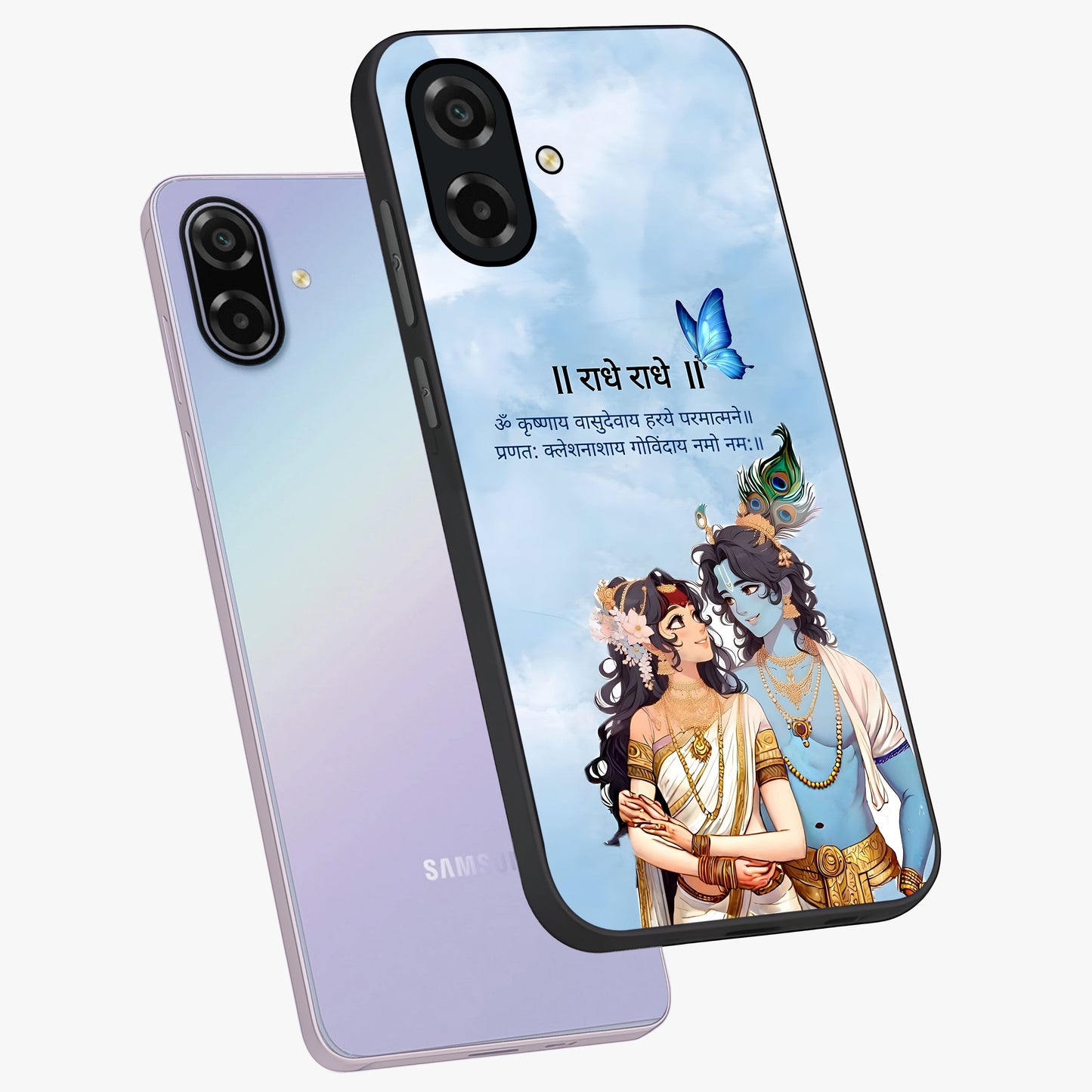 Radha Krishna Eternal Glass Case displayed in angled mockup highlighting divine Radha Krishna illustration with spiritual aesthetic.