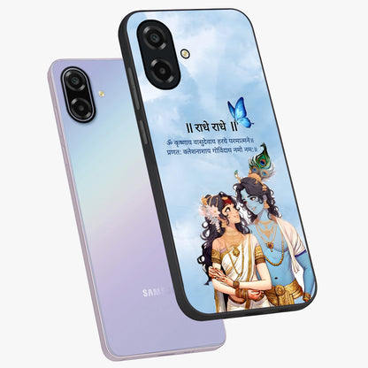 Radha Krishna Eternal Glass Case displayed in angled mockup highlighting divine Radha Krishna illustration with spiritual aesthetic.