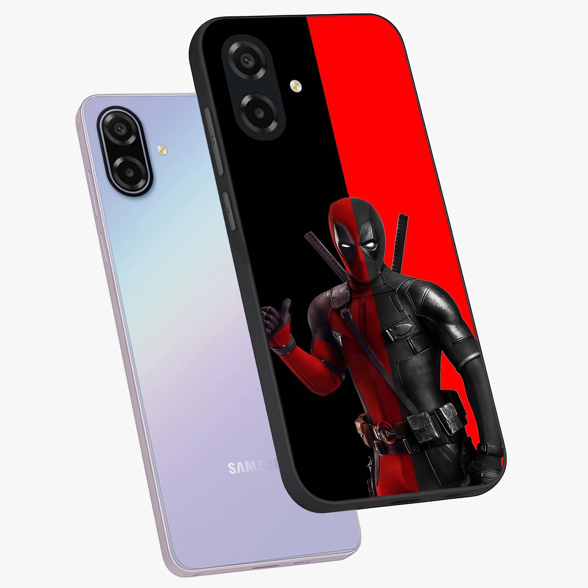 Red & Black Deadpool Theme Glass Case displayed in angled mockup highlighting vibrant superhero style illustration with action aesthetic.