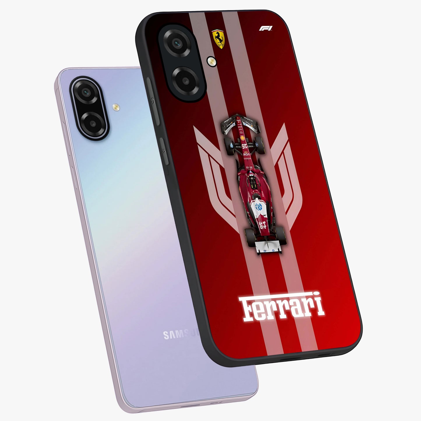 Red Ferrari F1 Vertical Glass Case displayed in angled mockup highlighting high speed racing design with bold automotive aesthetic.