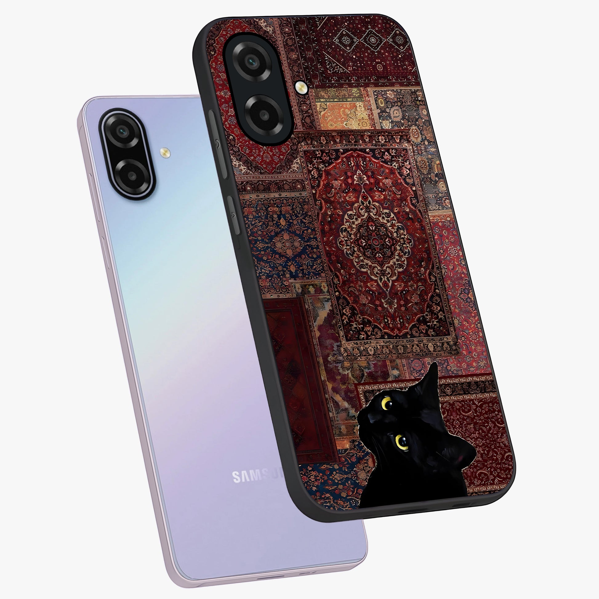 Regal Magic Cat Apple Glass Case displayed in angled mockup highlighting whimsical feline design with fantasy aesthetic.