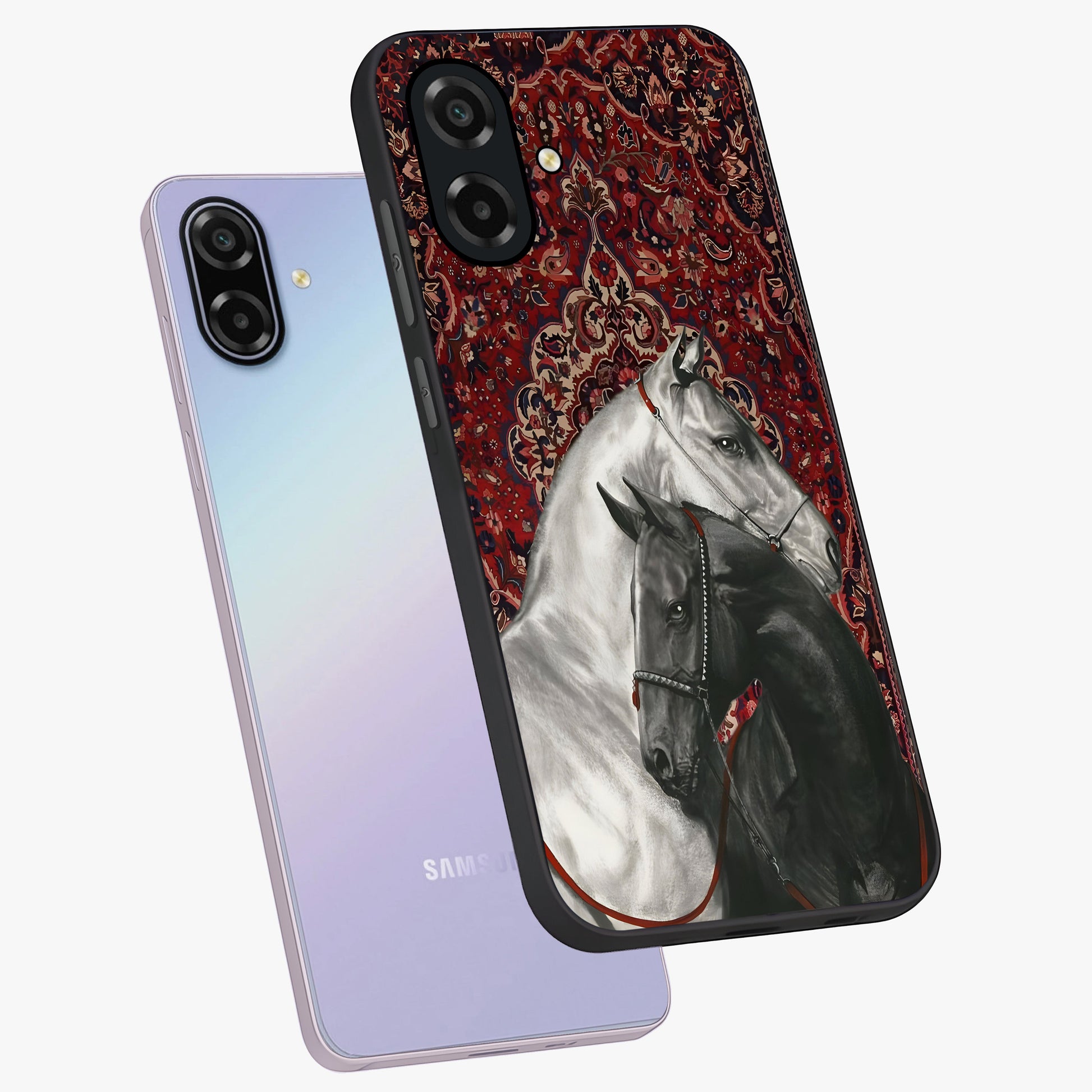 Regal Stallion Tapestry Glass Case displayed in angled mockup highlighting royal stallion design with decorative heritage aesthetic.