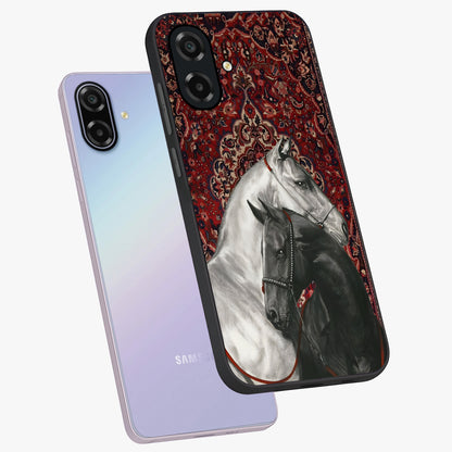 Regal Stallion Tapestry Glass Case displayed in angled mockup highlighting royal stallion design with decorative heritage aesthetic.