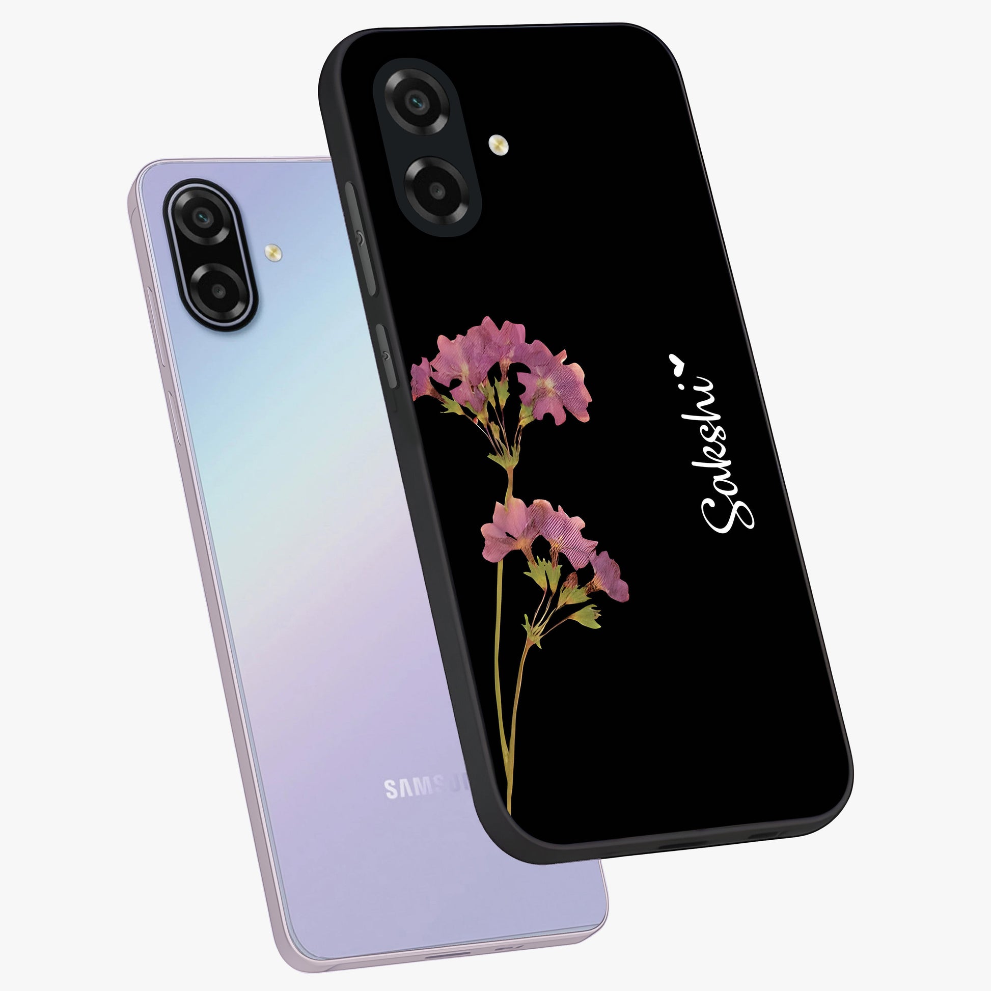 Riching Lavender Flower Custom Name Glass Case displayed in angled mockup highlighting delicate lavender flower design with custom name feature.