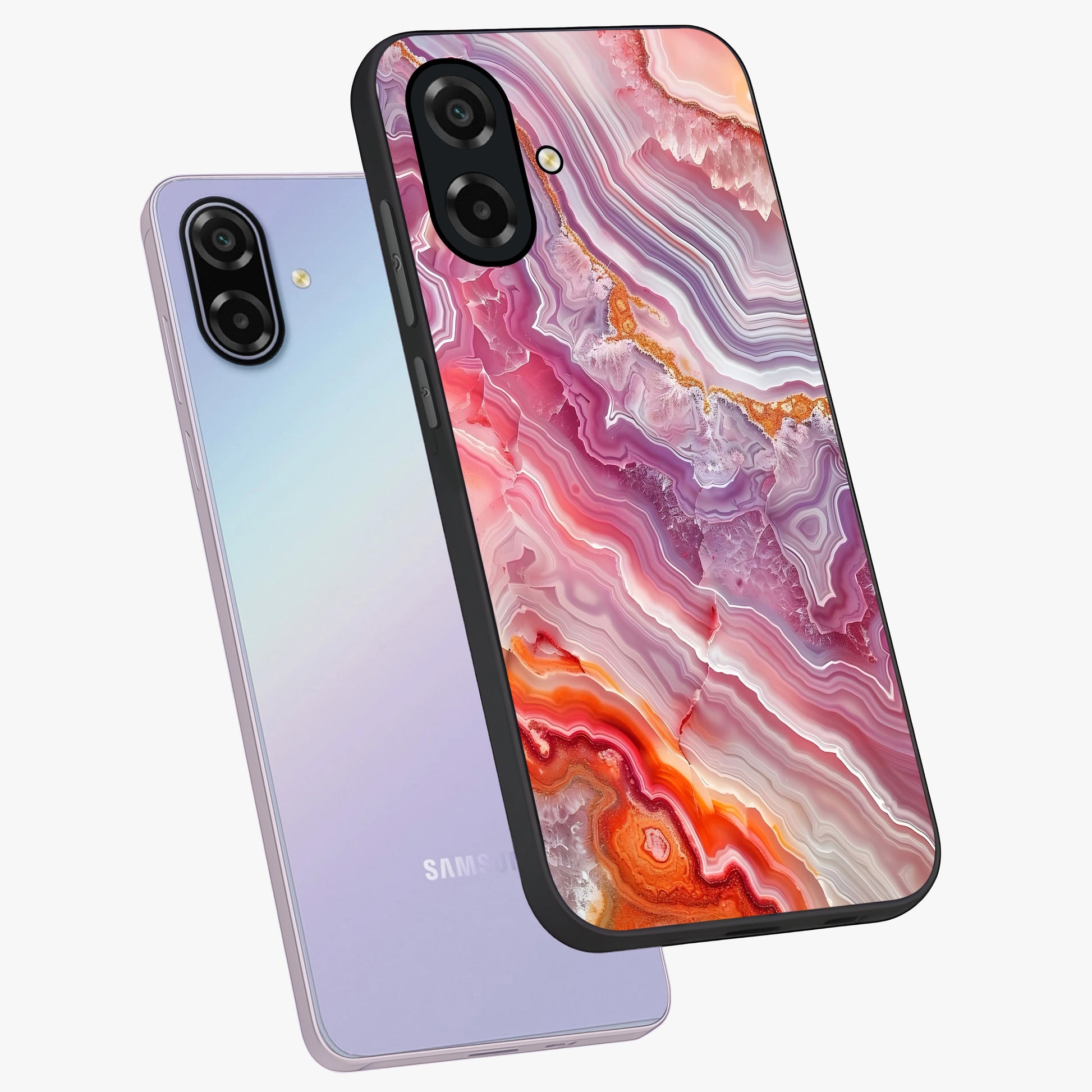Rose Quartz Marble Glass Case displayed in angled mockup highlighting elegant marble pattern with soft aesthetic style.