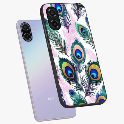 Royal Peacock Feathers Glass Case displayed in angled mockup highlighting vibrant feather pattern with regal aesthetic style.