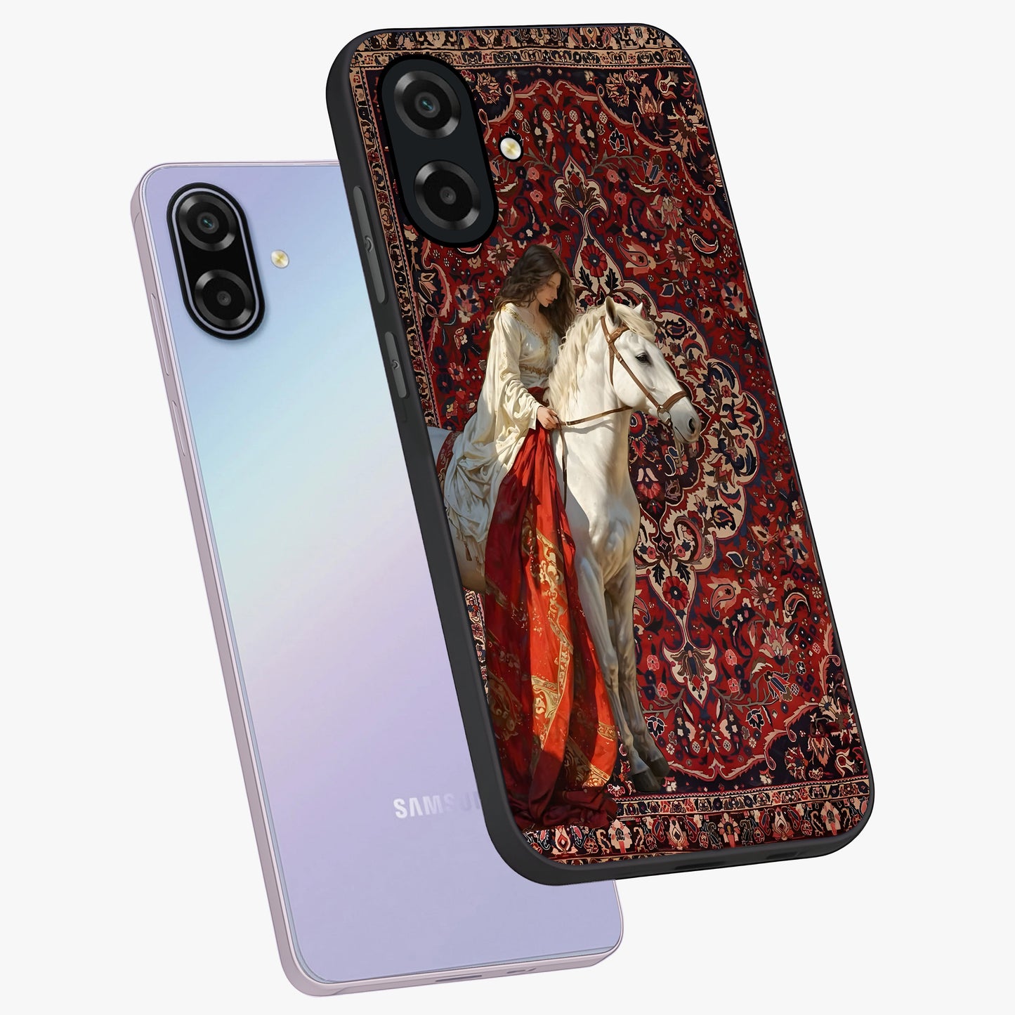 Royal Rider Tapestry Glass Case displayed in angled mockup highlighting traditional tapestry design with royal heritage aesthetic.