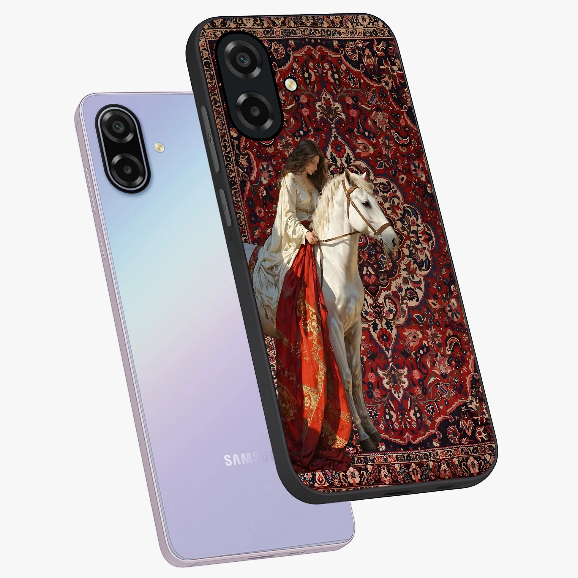 Royal Rider Tapestry Glass Case displayed in angled mockup highlighting traditional tapestry design with royal heritage aesthetic.
