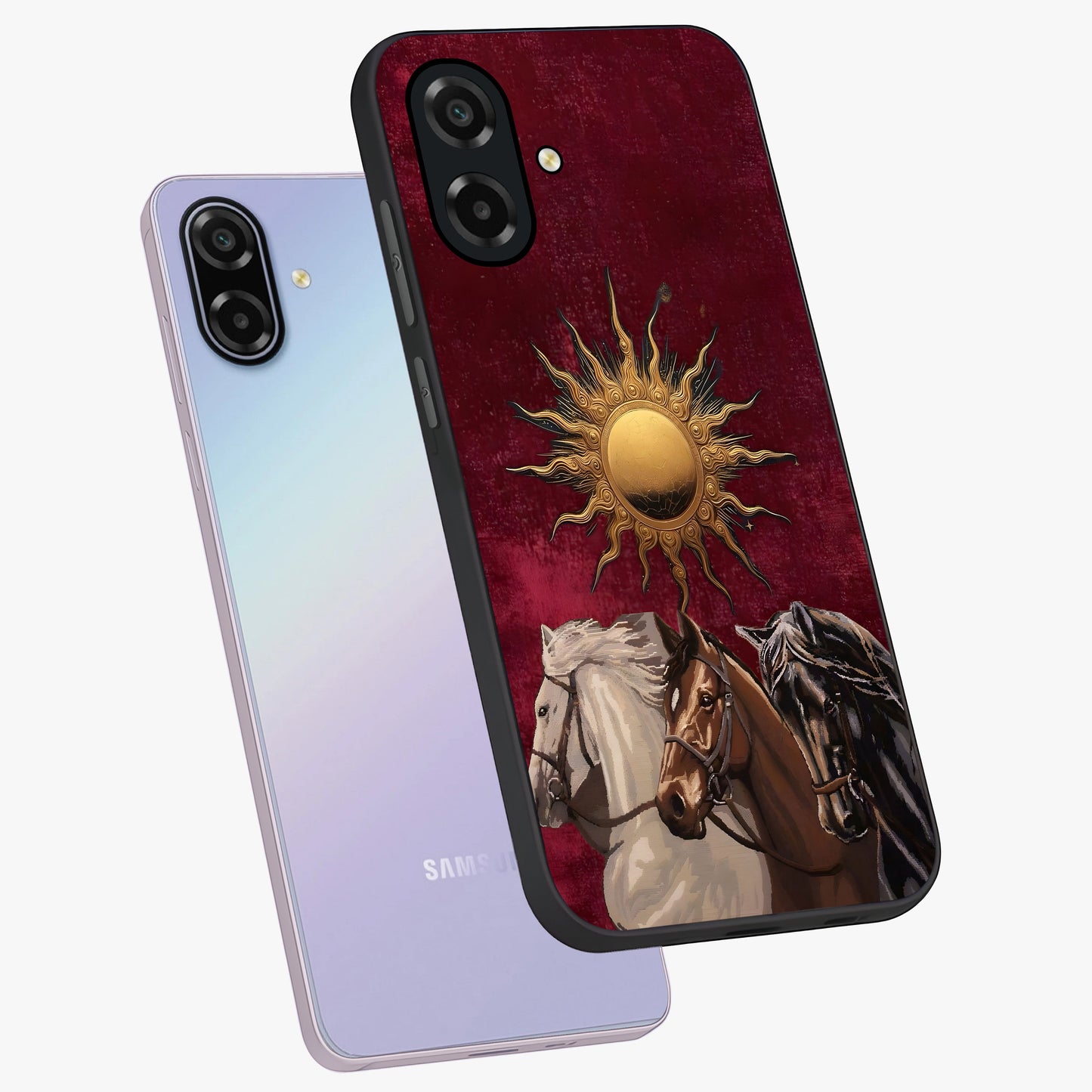 Solar Riders Glass Case displayed in angled mockup highlighting powerful rider illustration with radiant solar aesthetic.