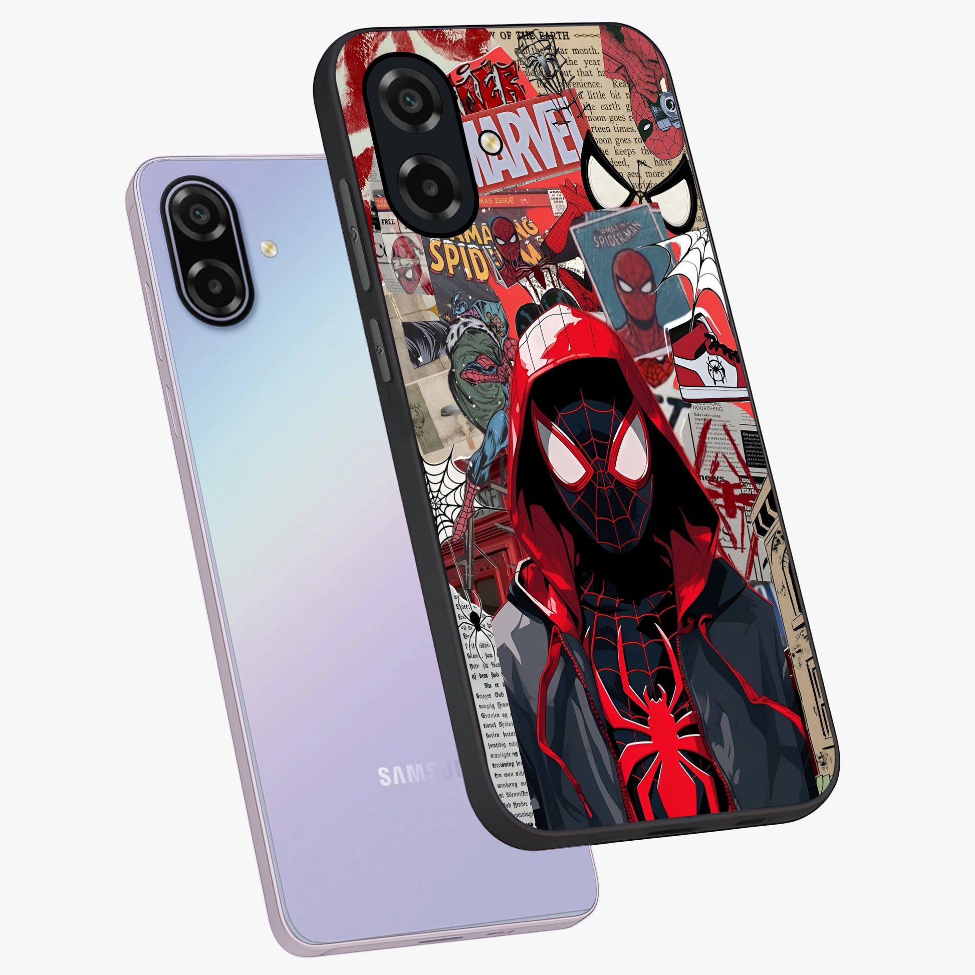 Spider Collage Street Glass Case displayed in angled mockup highlighting dynamic street style collage design with comic aesthetic.