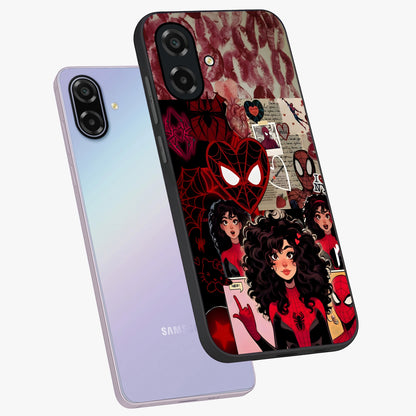 Spider Love Story Glass Case displayed in angled mockup highlighting expressive comic inspired design with playful aesthetic.