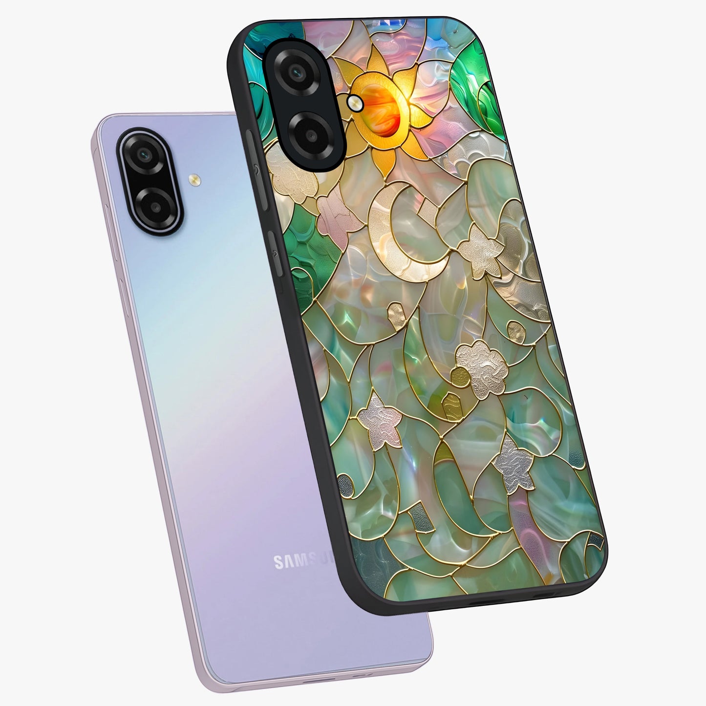 Stained Sunrise Glow Glass Case displayed in angled mockup highlighting radiant sunrise design with artistic aesthetic style.
