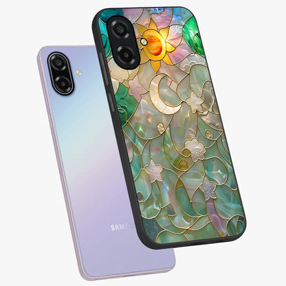 Stained Sunrise Glow Glass Case displayed in angled mockup highlighting radiant sunrise design with artistic aesthetic style.