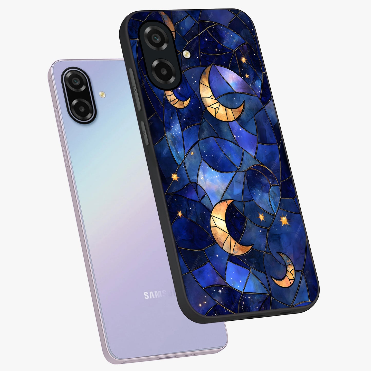 Starlit Sky Tapestry Glass Case displayed in angled mockup highlighting celestial night pattern with artistic aesthetic style.