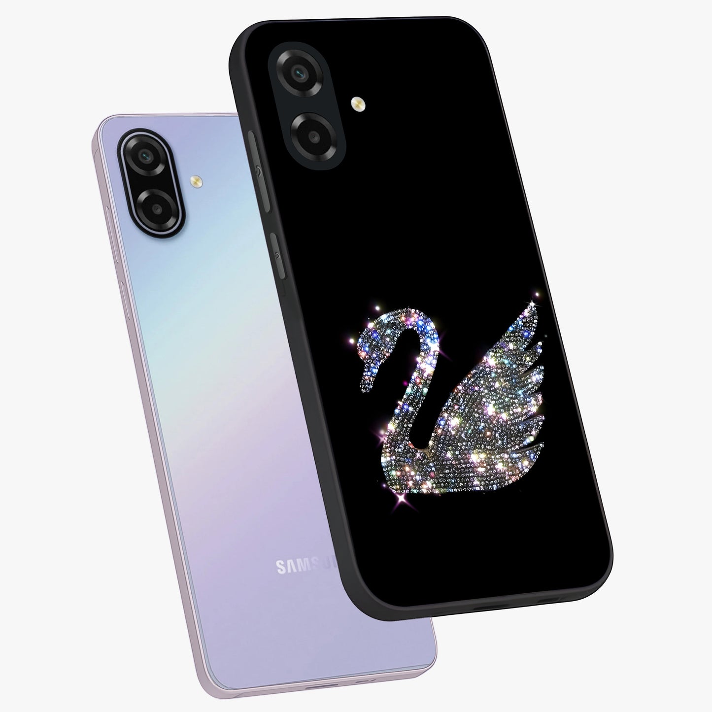 Starlit Swan Grace Glass Case displayed in angled mockup highlighting elegant swan illustration with dreamy celestial aesthetic.
