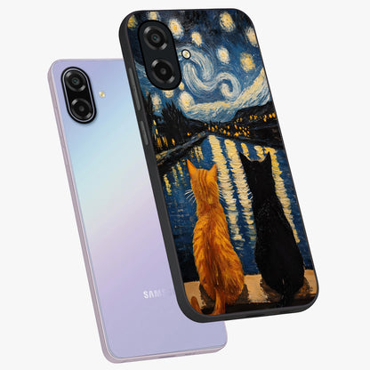 Starry River Cats Glass Case displayed in angled mockup highlighting charming feline illustration with dreamy night aesthetic.