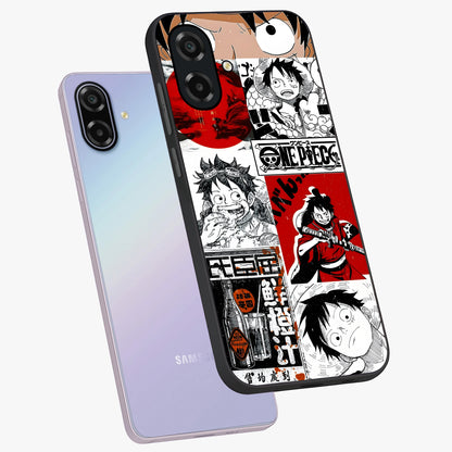 Strawhat Chaos Panels Glass Case displayed in angled mockup highlighting vibrant anime collage design with action aesthetic.