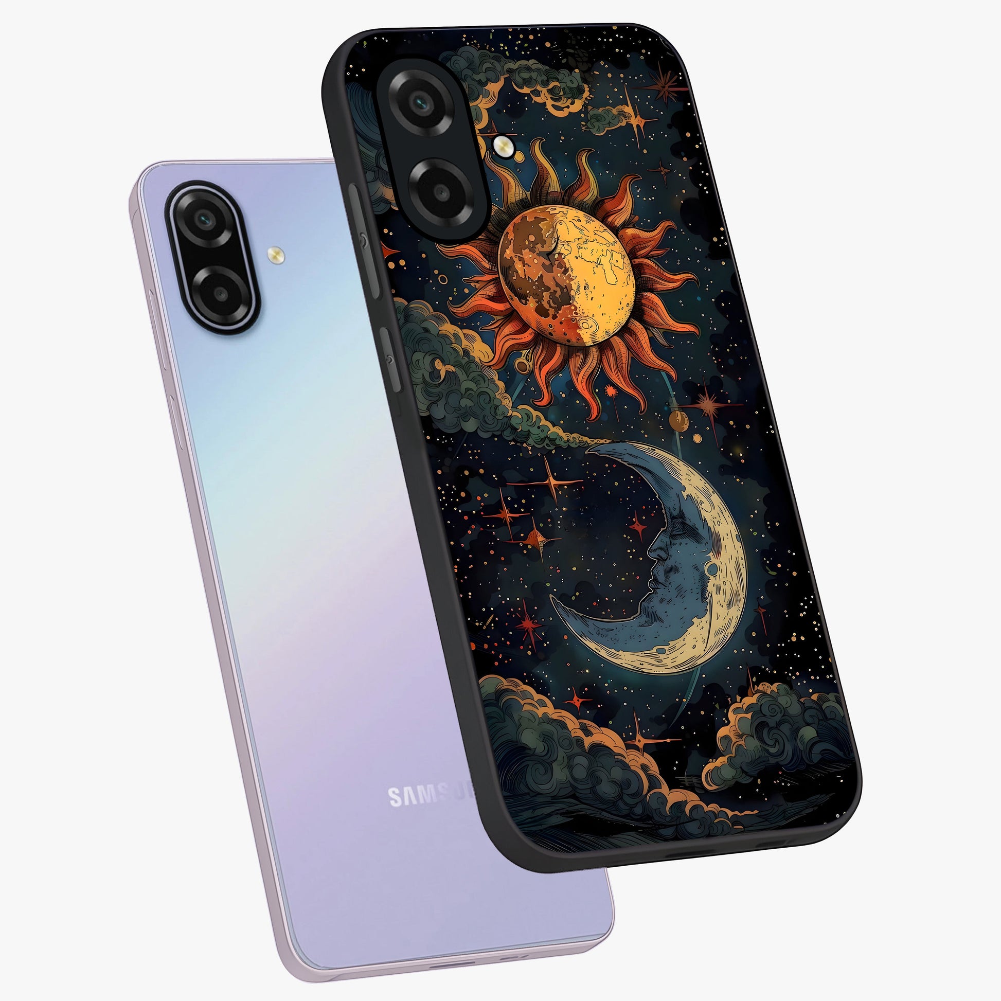 Sun And Moon Magic Design Glass Case displayed in angled mockup highlighting celestial design with magical cosmic aesthetic.