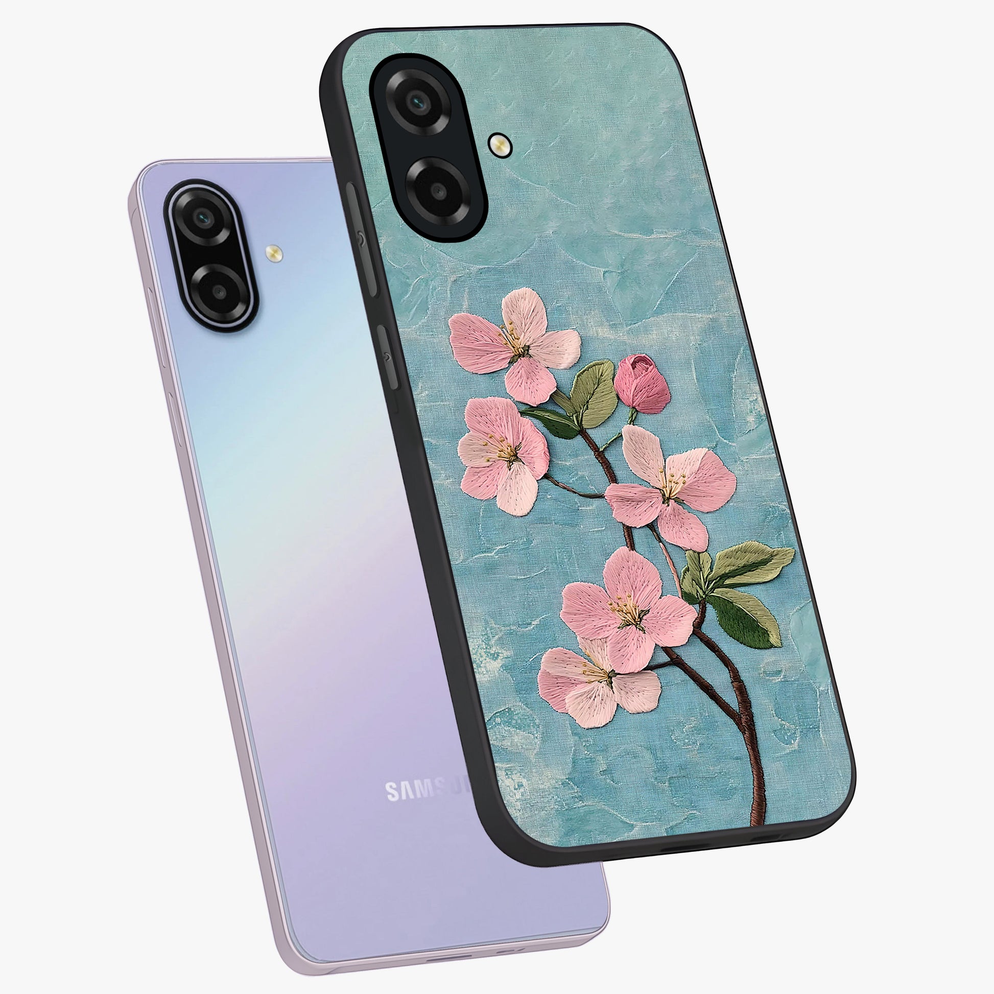 Threaded Blossom Breeze Glass Case displayed in angled mockup highlighting elegant floral design with soft aesthetic style.