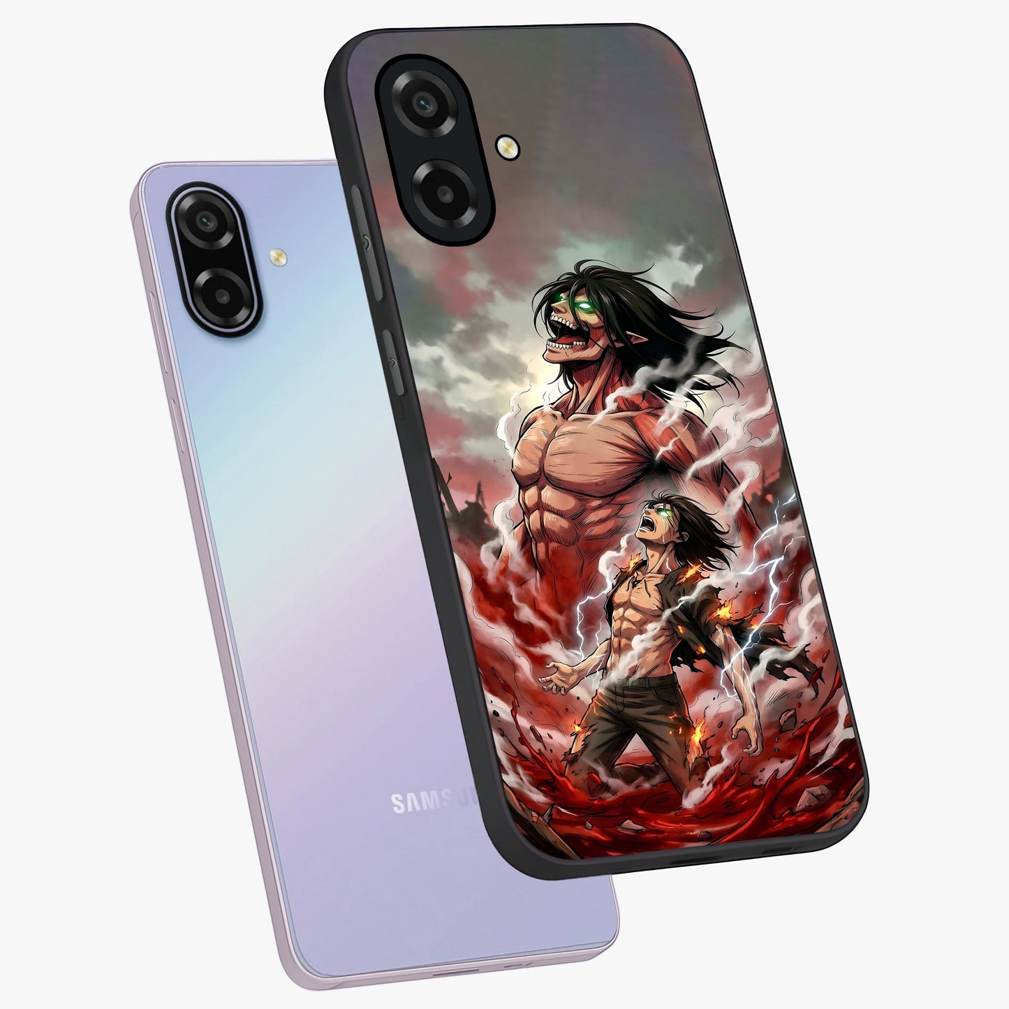 Titan Awakening Fury Glass Case displayed in angled mockup highlighting dramatic giant warrior design with bold anime aesthetic.
