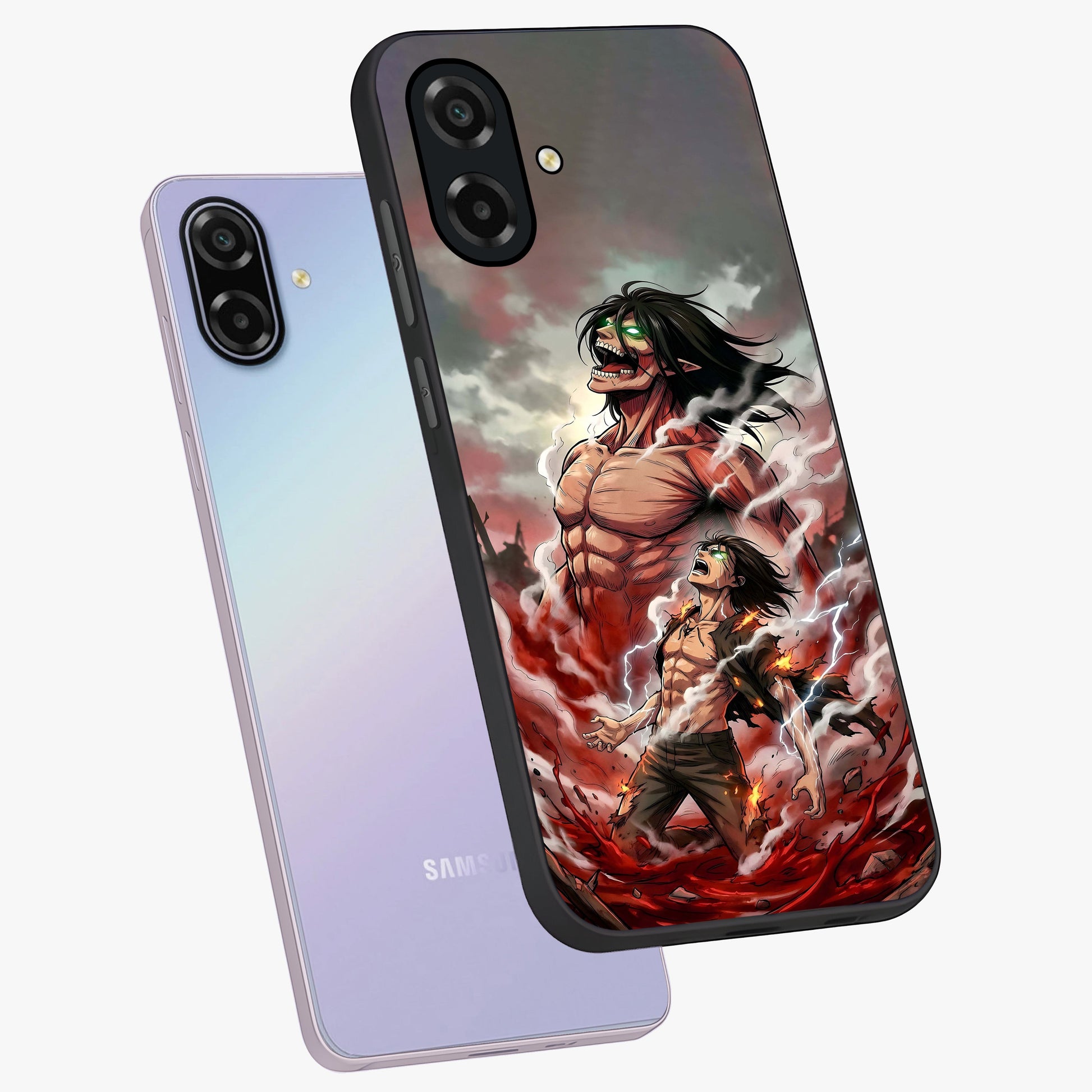 Titan Awakening Fury Glass Case displayed in angled mockup highlighting dramatic giant warrior design with bold anime aesthetic.