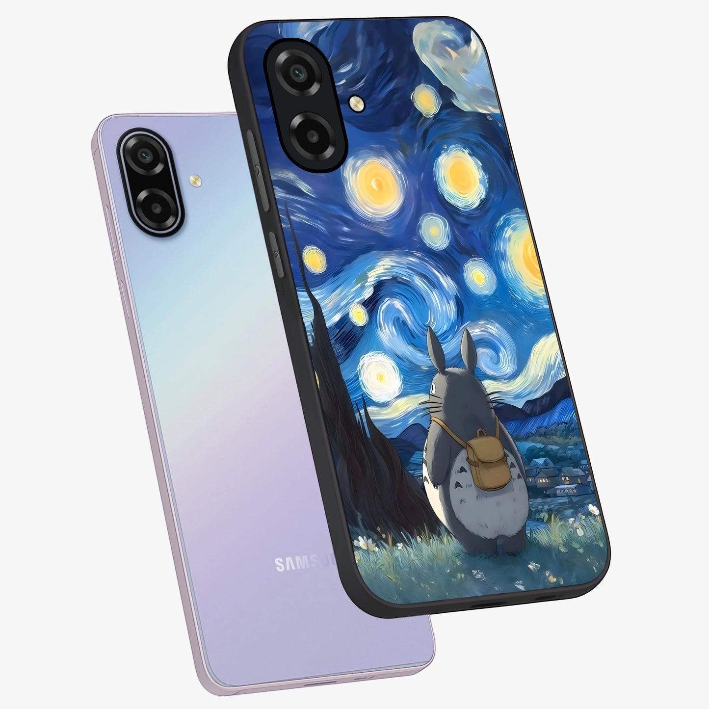 Totoro In Van Gogh Art Glass Case displayed in angled mockup highlighting artistic swirling sky design with playful animation aesthetic.