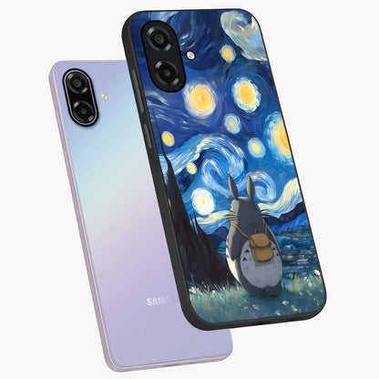 Totoro In Van Gogh Art Glass Case displayed in angled mockup highlighting artistic swirling sky design with playful animation aesthetic.