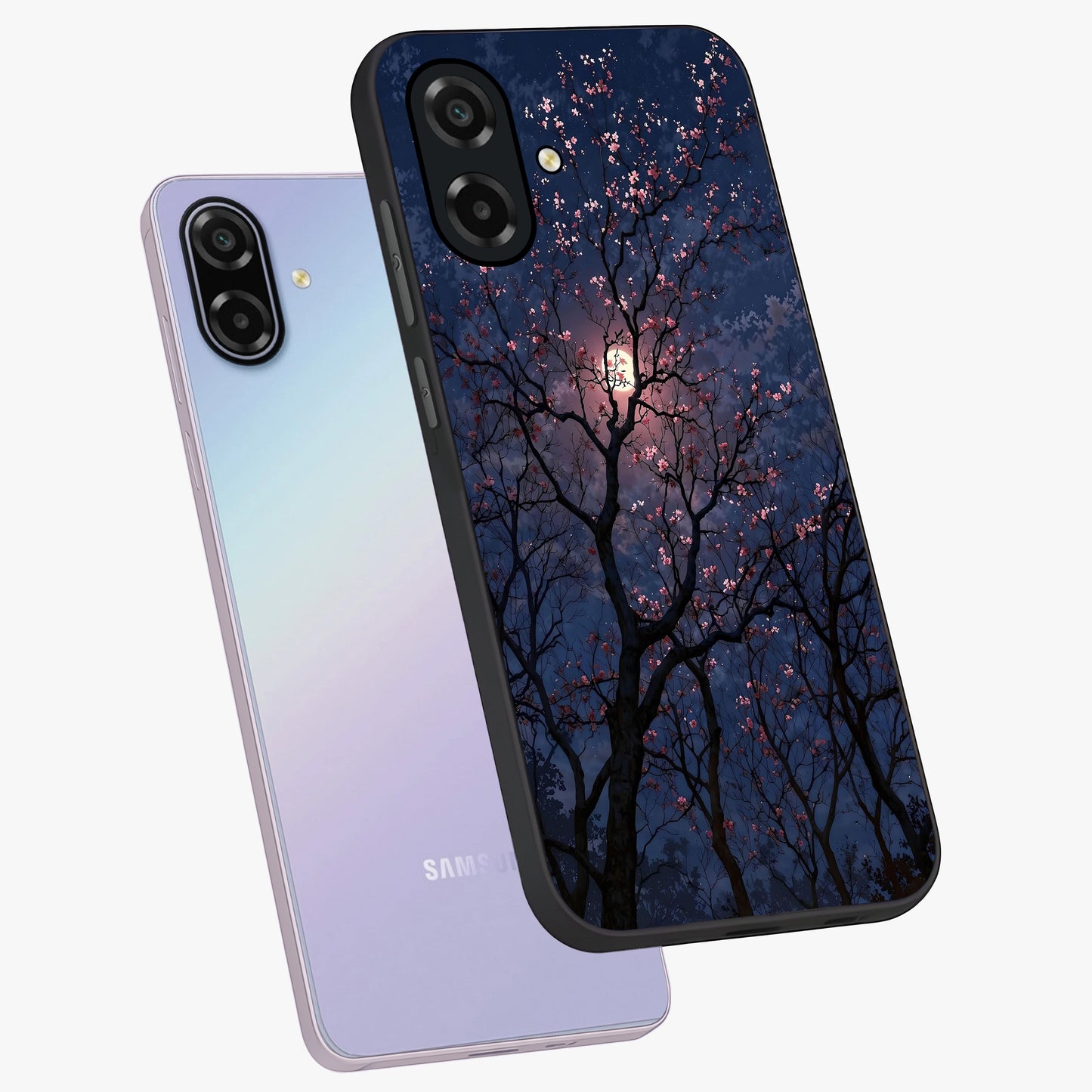 Twilight Sakura Serenade Glass Case displayed in angled mockup highlighting delicate sakura flower design with dreamy aesthetic.