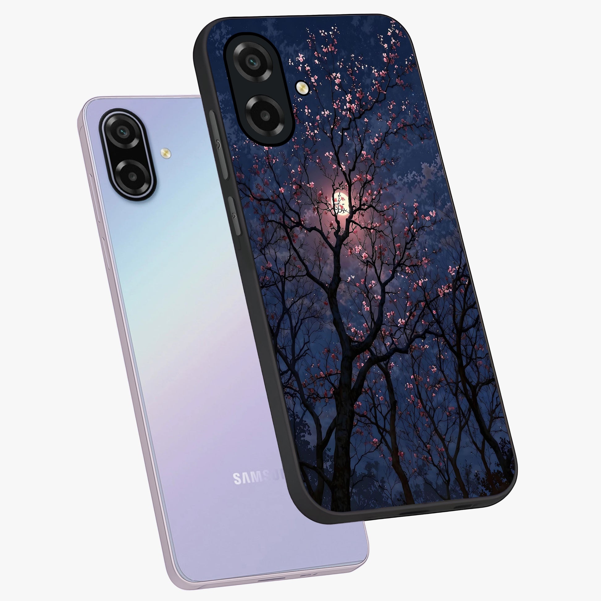Twilight Sakura Serenade Glass Case displayed in angled mockup highlighting delicate sakura flower design with dreamy aesthetic.