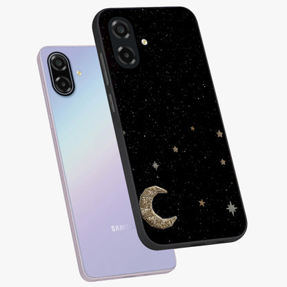 Twinkle Star With Half Moon Glass Case displayed in angled mockup highlighting celestial moon and star design with magical aesthetic.