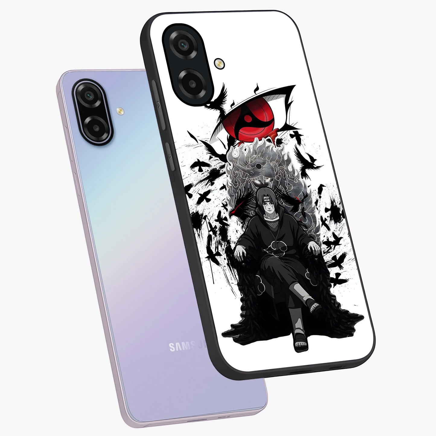 Uchiha Shadow Throne Glass Case displayed in angled mockup highlighting glowing aquatic design with celestial aesthetic.