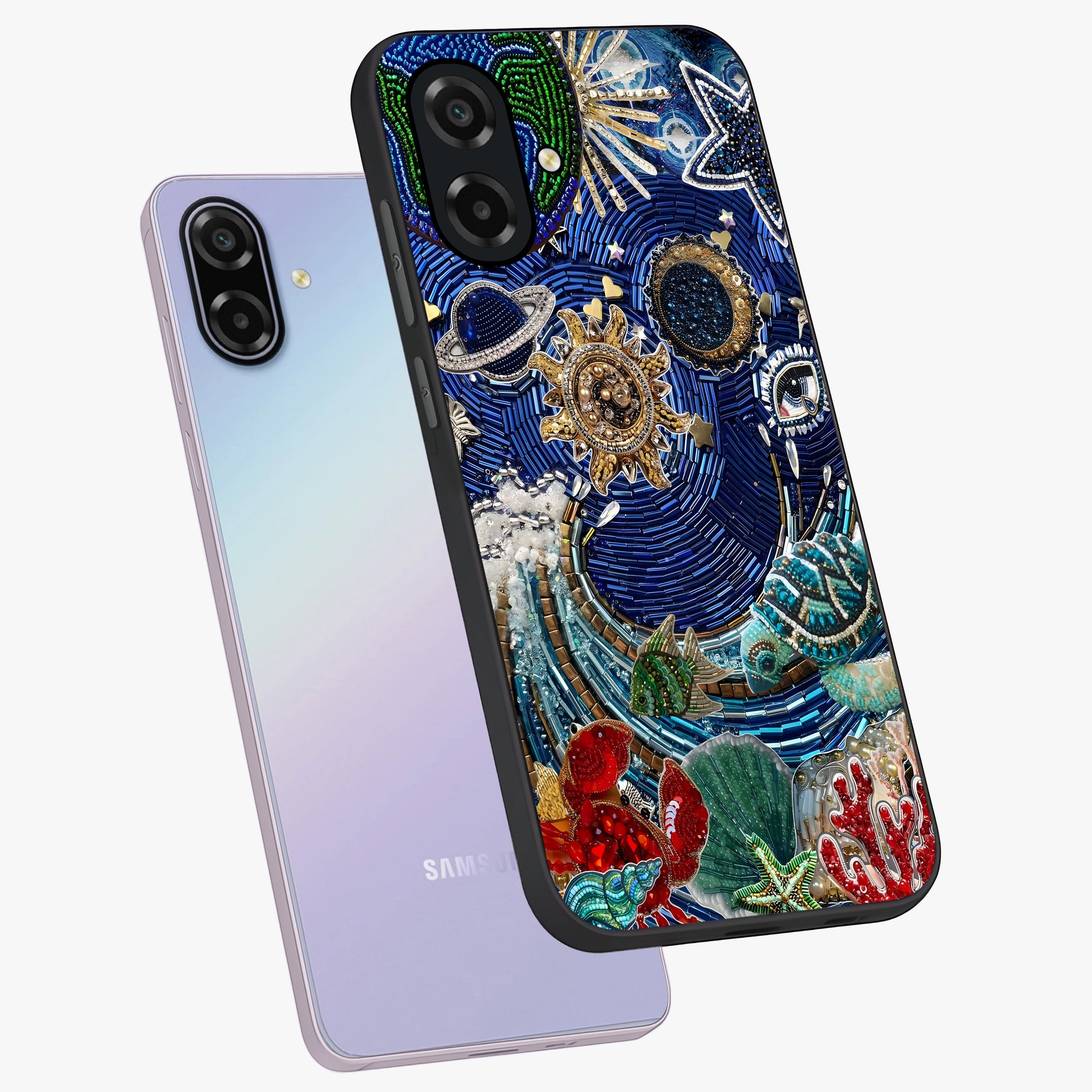 Universe Underwater Spark Glass Case displayed in angled mockup highlighting glowing aquatic design with celestial aesthetic.