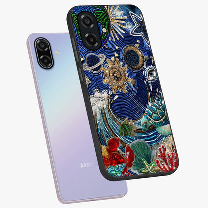 Universe Underwater Spark Glass Case displayed in angled mockup highlighting glowing aquatic design with celestial aesthetic.
