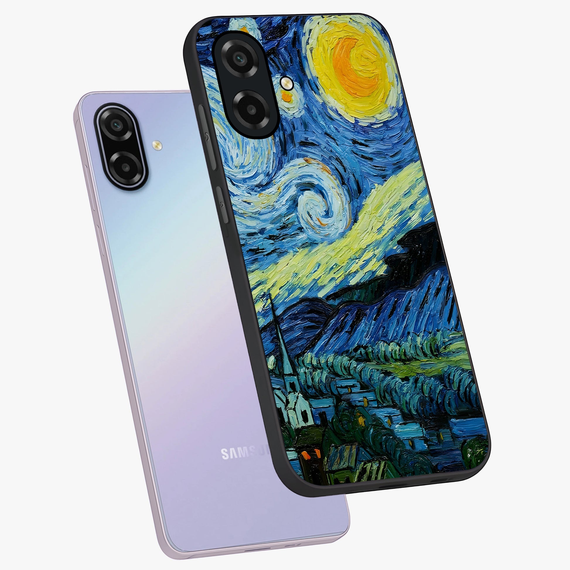 Van Gogh Art Glass Case displayed in angled mockup highlighting swirling brushstroke design with artistic aesthetic.