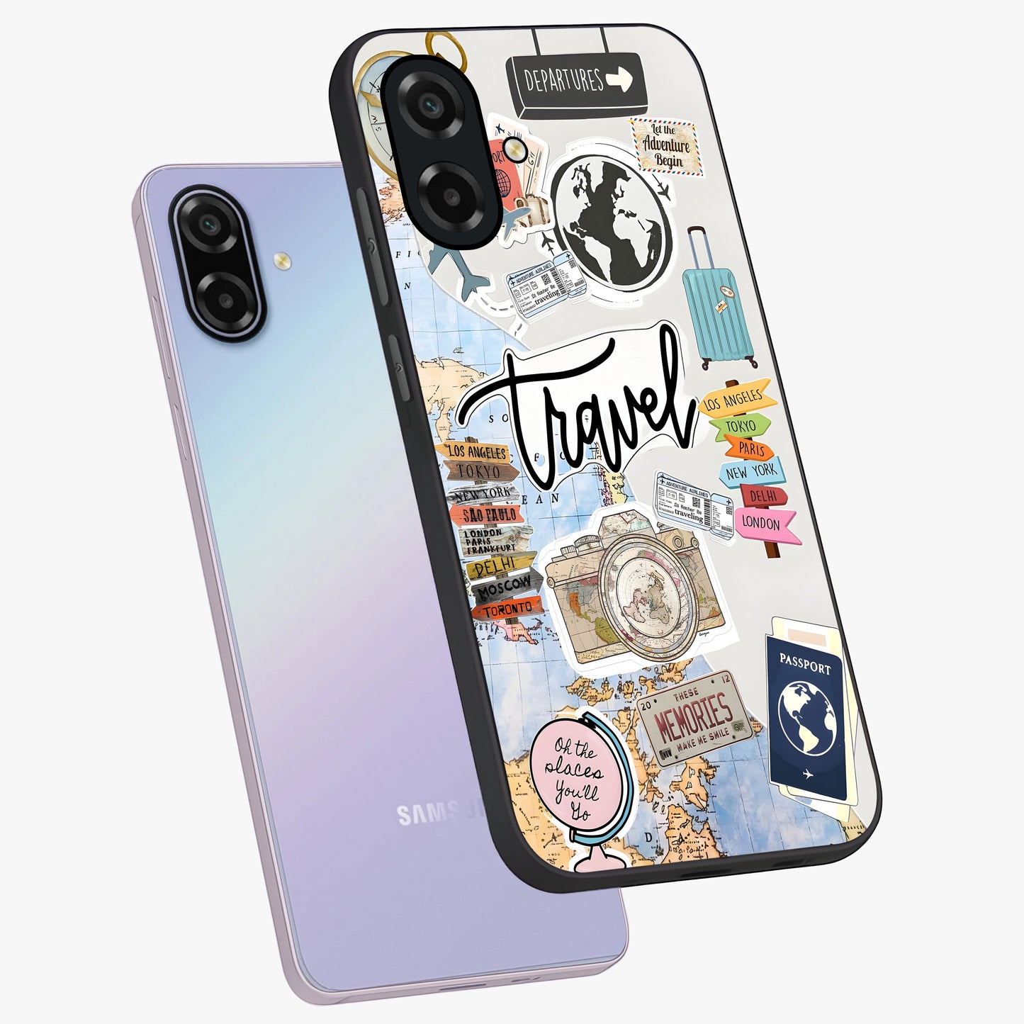 Wanderlust Journal Glass Case displayed in angled mockup highlighting adventure themed design with aesthetic travel vibe.