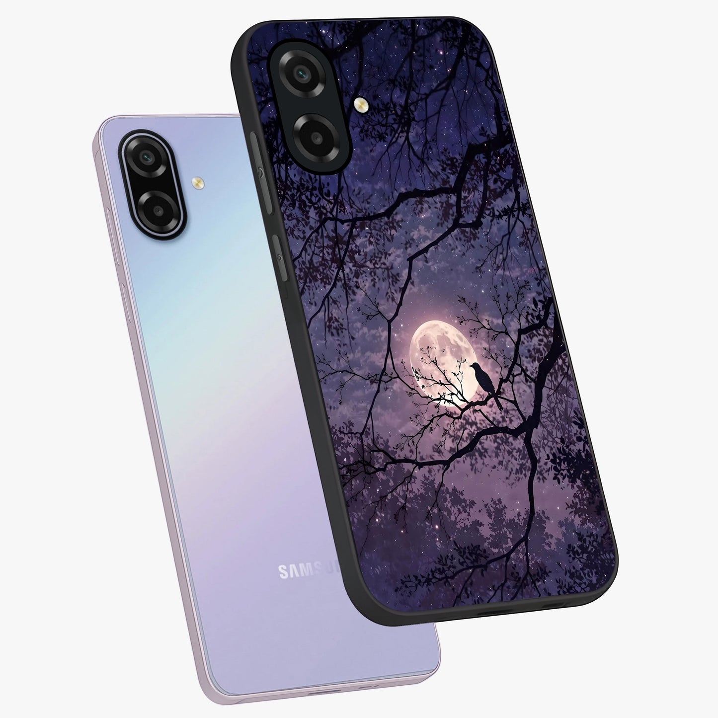 Whispering Moon Silence Glass Case displayed in angled mockup highlighting calm lunar design with dreamy night aesthetic.