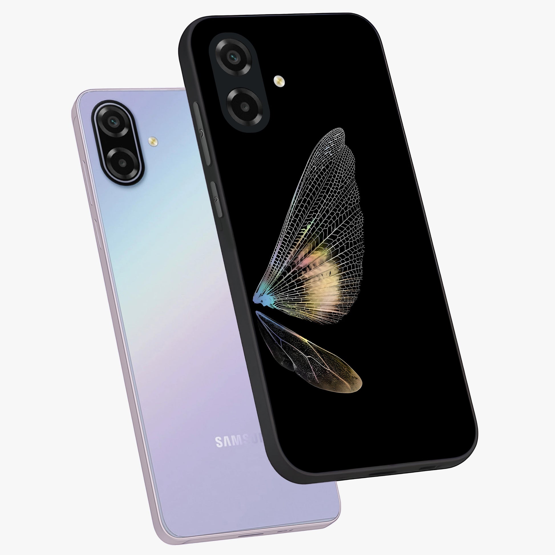 Whispers Of Wings Glass Case displayed in angled mockup highlighting soft feather design with celestial aesthetic style.
