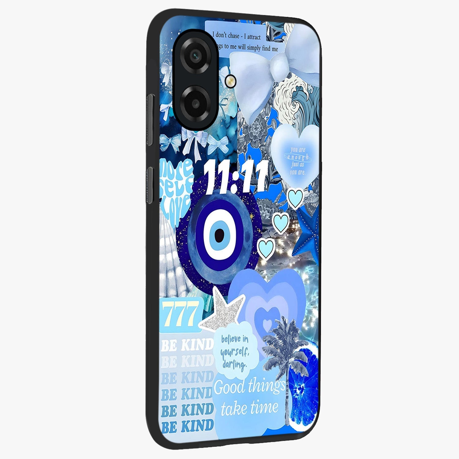 Aesthetic Be Kind Eye Glass Case upright view showcasing stylish eye illustration with positive message theme.