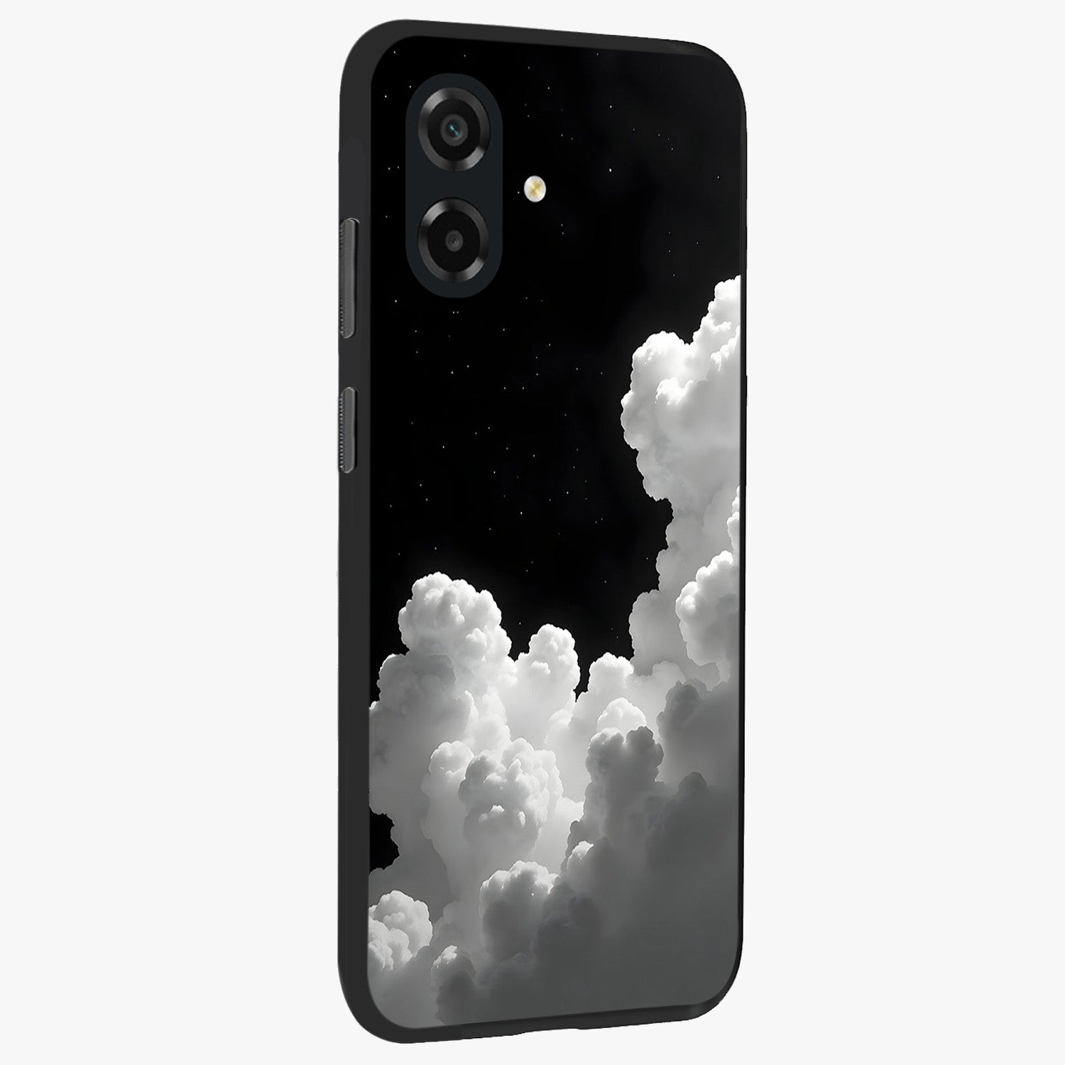 Black Background With White Cloud Glass Case upright view showcasing calm cloud aesthetic with modern minimal style.