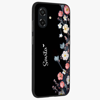 Black Elegance Floral Custom Name Glass Case upright view showcasing luxurious black floral design with personalized name detail.