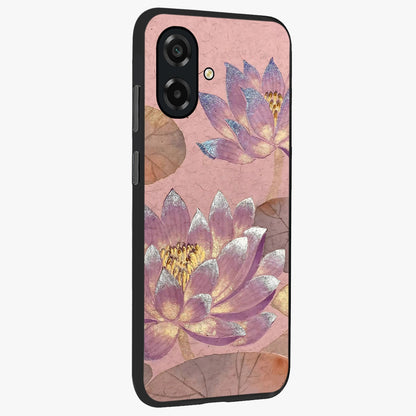 Blossom Mist Lotus Glass Case upright view showcasing graceful lotus flower design with peaceful botanical style.